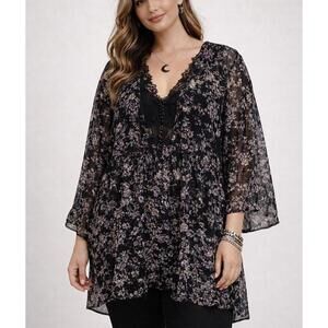 Elle Sheer Floral Tunic Blouse Romantic Goth Boho Peasant Top Dark Floral 3X